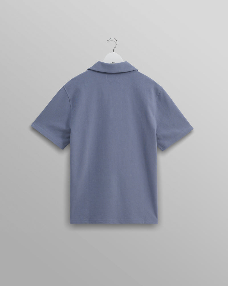 wax london Atwood - Mid Blue Textured Organic Cotton Polo Shirt