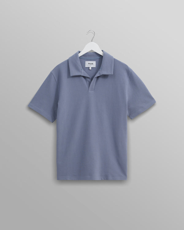 wax london Atwood - Mid Blue Textured Organic Cotton Polo Shirt