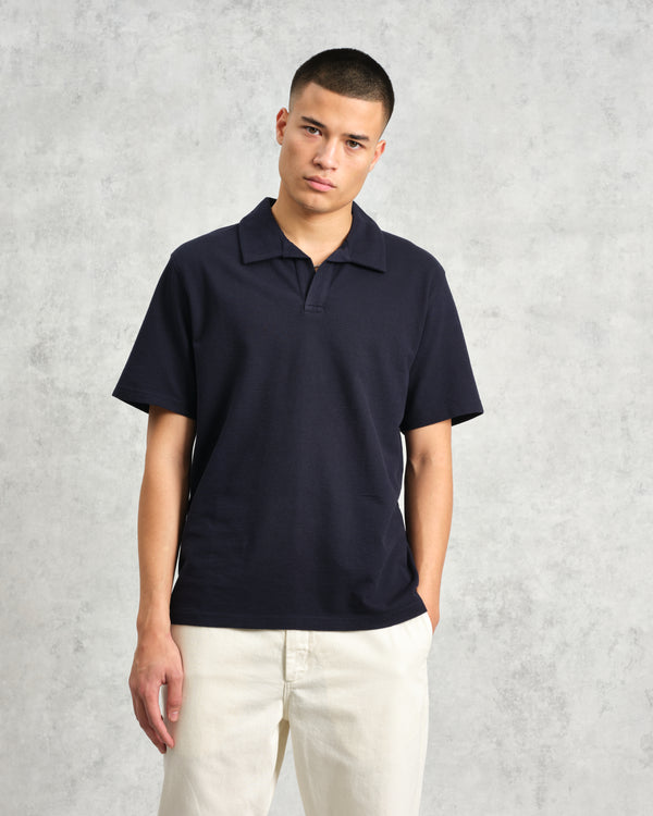 wax london Atwood - Navy Textured Organic Cotton Polo Shirt