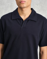 wax london Atwood - Navy Textured Organic Cotton Polo Shirt