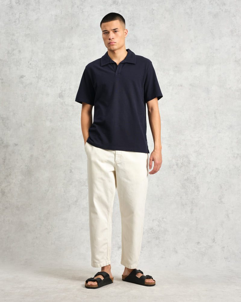 wax london Atwood - Navy Textured Organic Cotton Polo Shirt