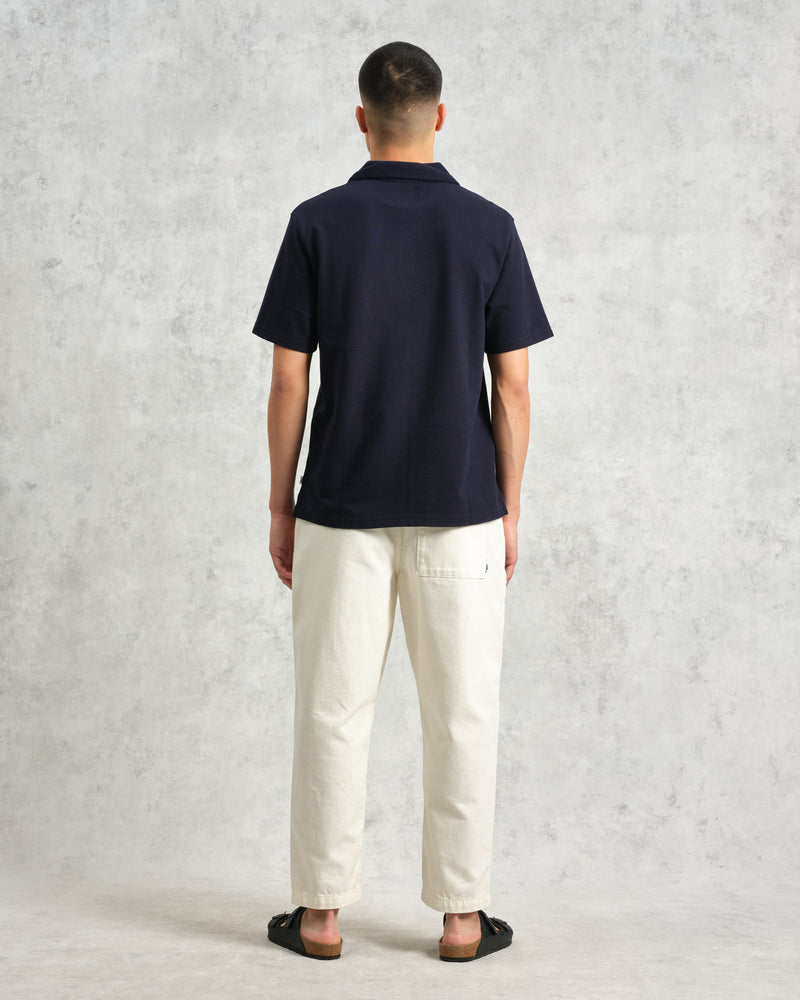 wax london Atwood - Navy Textured Organic Cotton Polo Shirt