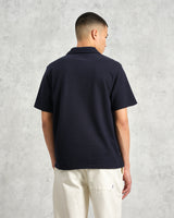 wax london Atwood - Navy Textured Organic Cotton Polo Shirt