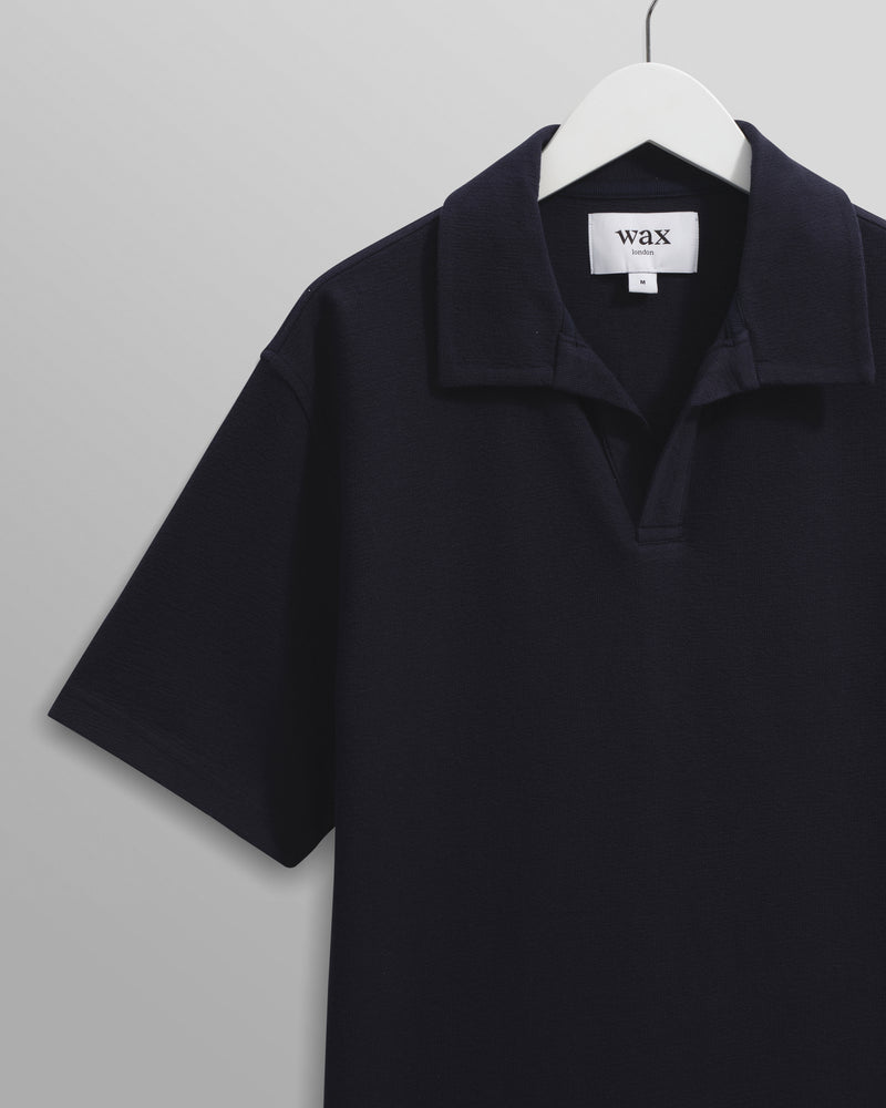 wax london Atwood - Navy Textured Organic Cotton Polo Shirt