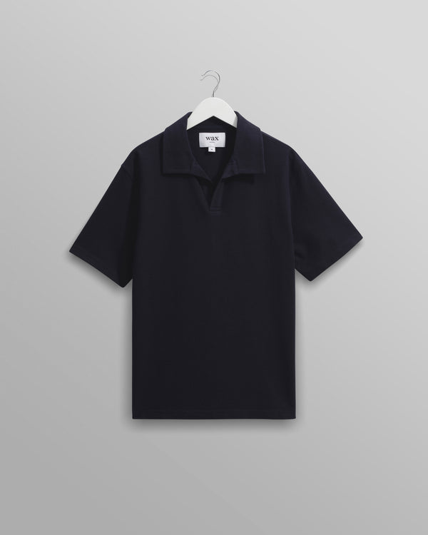 wax london Atwood - Navy Textured Organic Cotton Polo Shirt