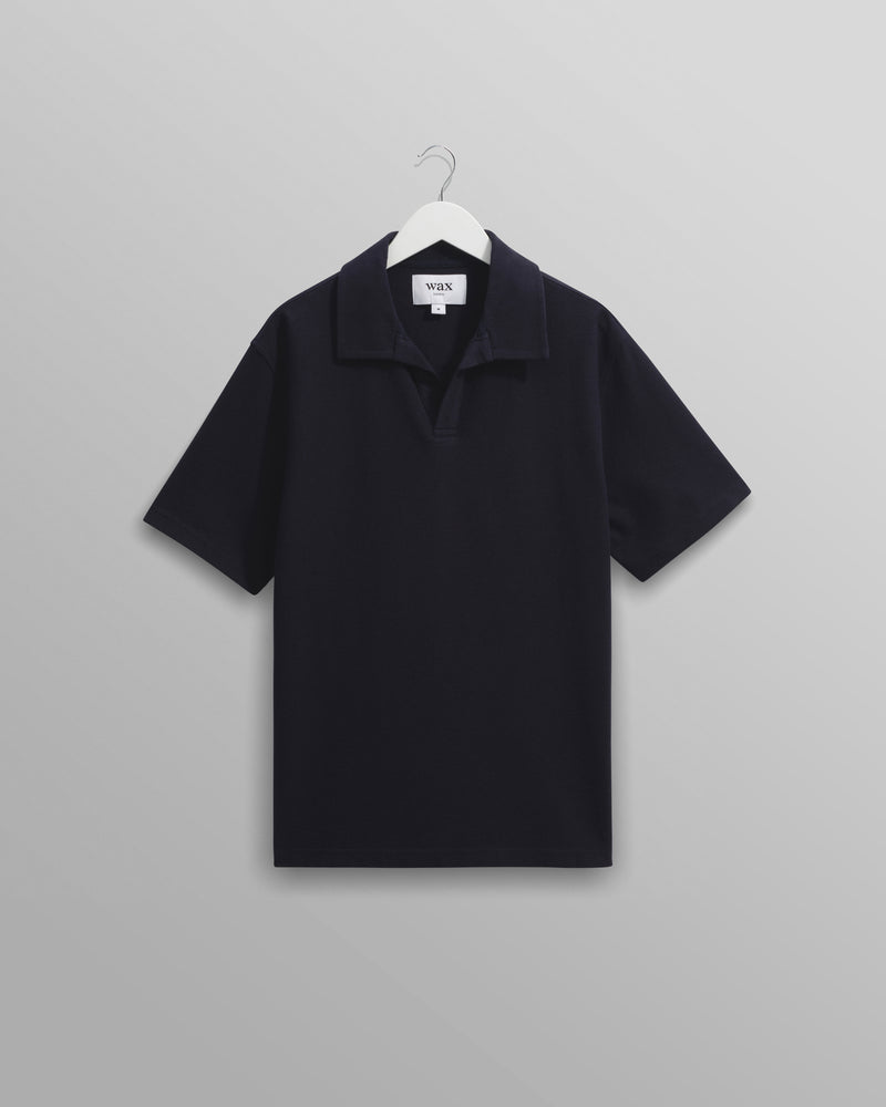 wax london Atwood - Navy Textured Organic Cotton Polo Shirt