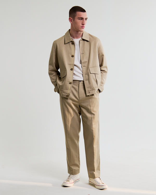 wax london men's Aubyn - Beige Cotton Tencel Twill Loose Fit Trousers