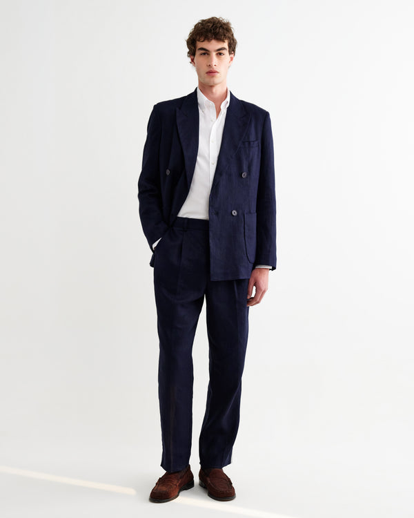 wax london men's Aubyn - Navy Linen Loose Fit Trousers