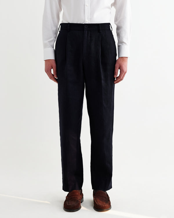 wax london men's Aubyn - Navy Linen Loose Fit Trousers