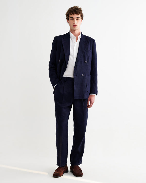 wax london men's Aubyn - Navy Linen Loose Fit Trousers