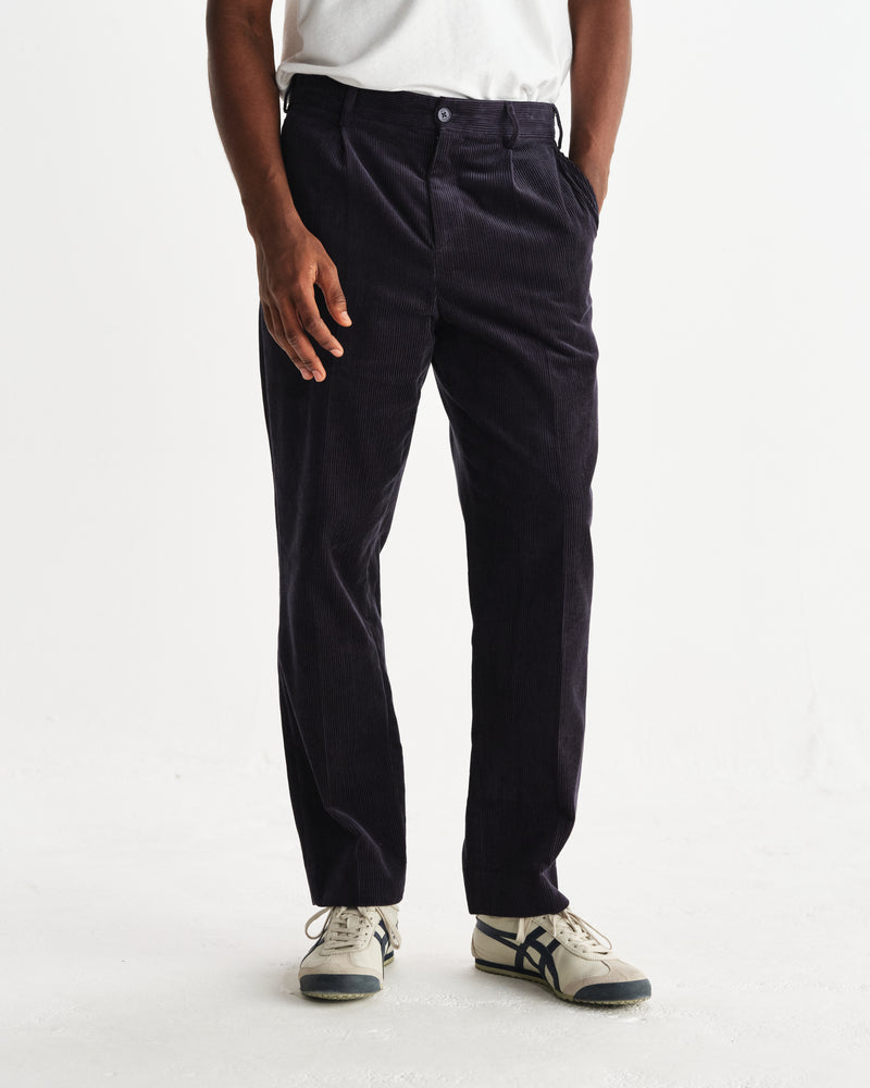wax london men's Aubyn - Navy Soft Corduroy Pleated Trousers