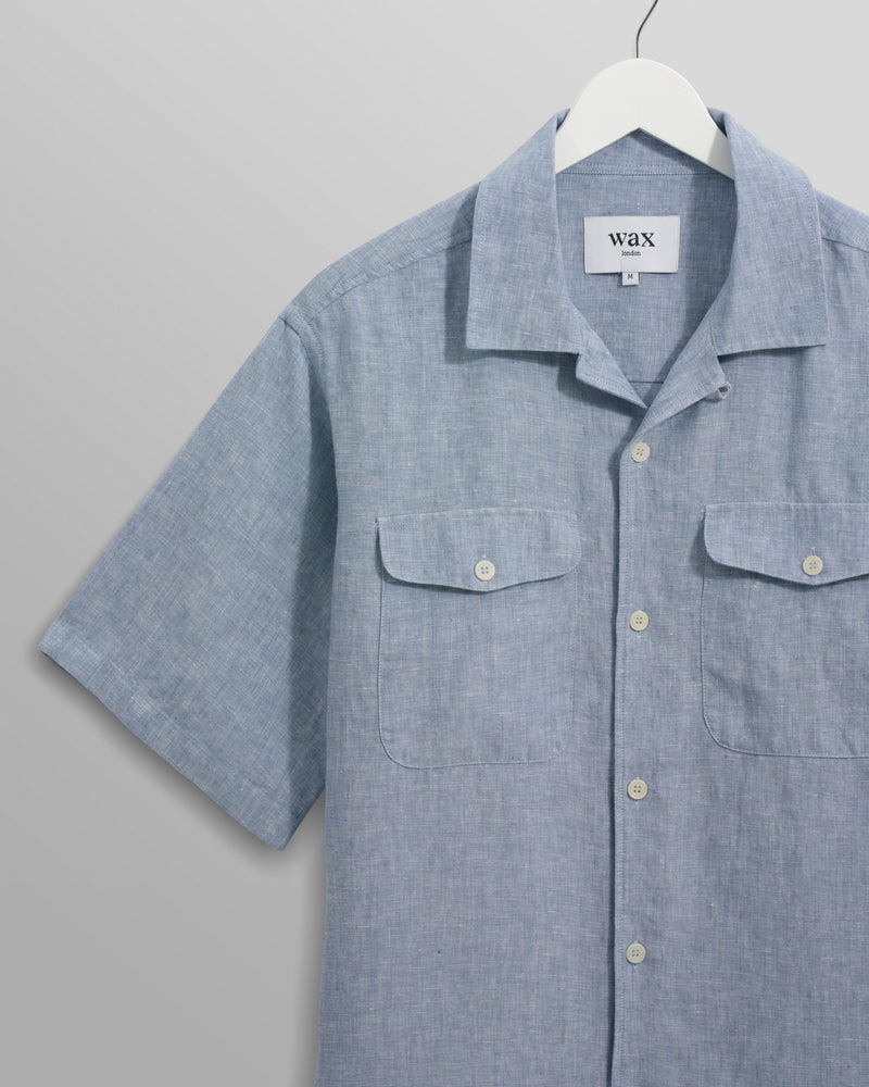 wax london Bartlett - Blue Two-Tone Linen Short-Sleeve Shirt