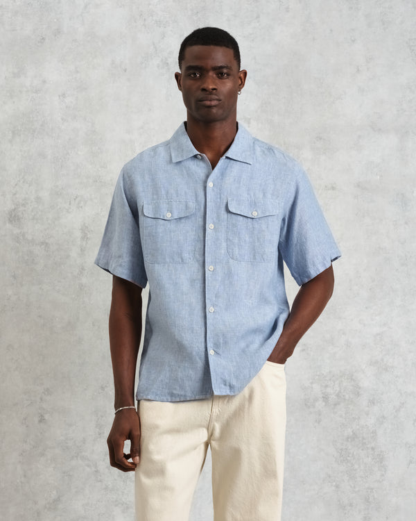 wax london Bartlett - Blue Two-Tone Linen Short-Sleeve Shirt
