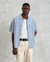 wax london Bartlett - Blue Two-Tone Linen Short-Sleeve Shirt