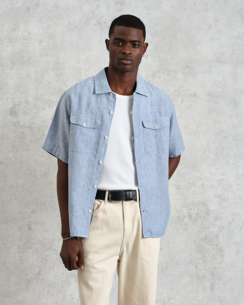 wax london Bartlett - Blue Two-Tone Linen Short-Sleeve Shirt