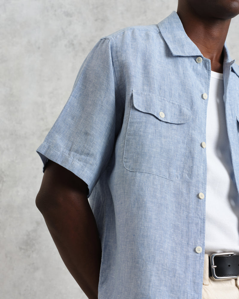 wax london Bartlett - Blue Two-Tone Linen Short-Sleeve Shirt