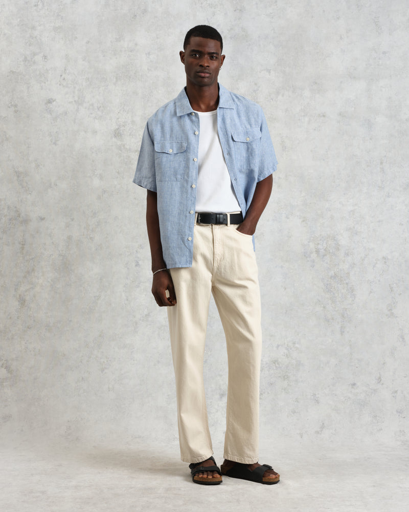 wax london Bartlett - Blue Two-Tone Linen Short-Sleeve Shirt