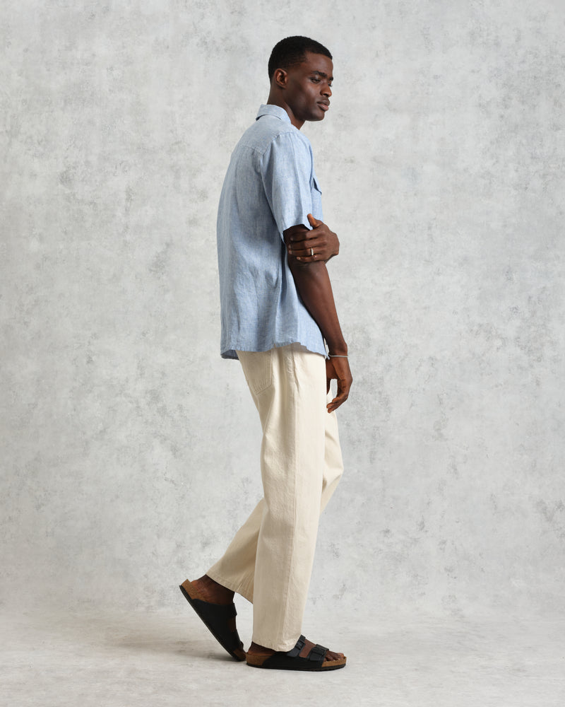 wax london Bartlett - Blue Two-Tone Linen Short-Sleeve Shirt