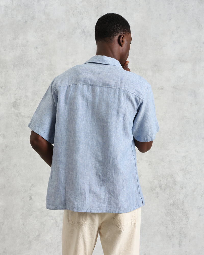 wax london Bartlett - Blue Two-Tone Linen Short-Sleeve Shirt