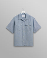 wax london Bartlett - Blue Two-Tone Linen Short-Sleeve Shirt
