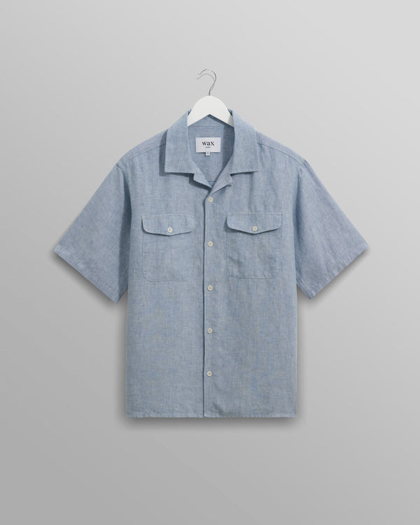 wax london Bartlett - Blue Two-Tone Linen Short-Sleeve Shirt