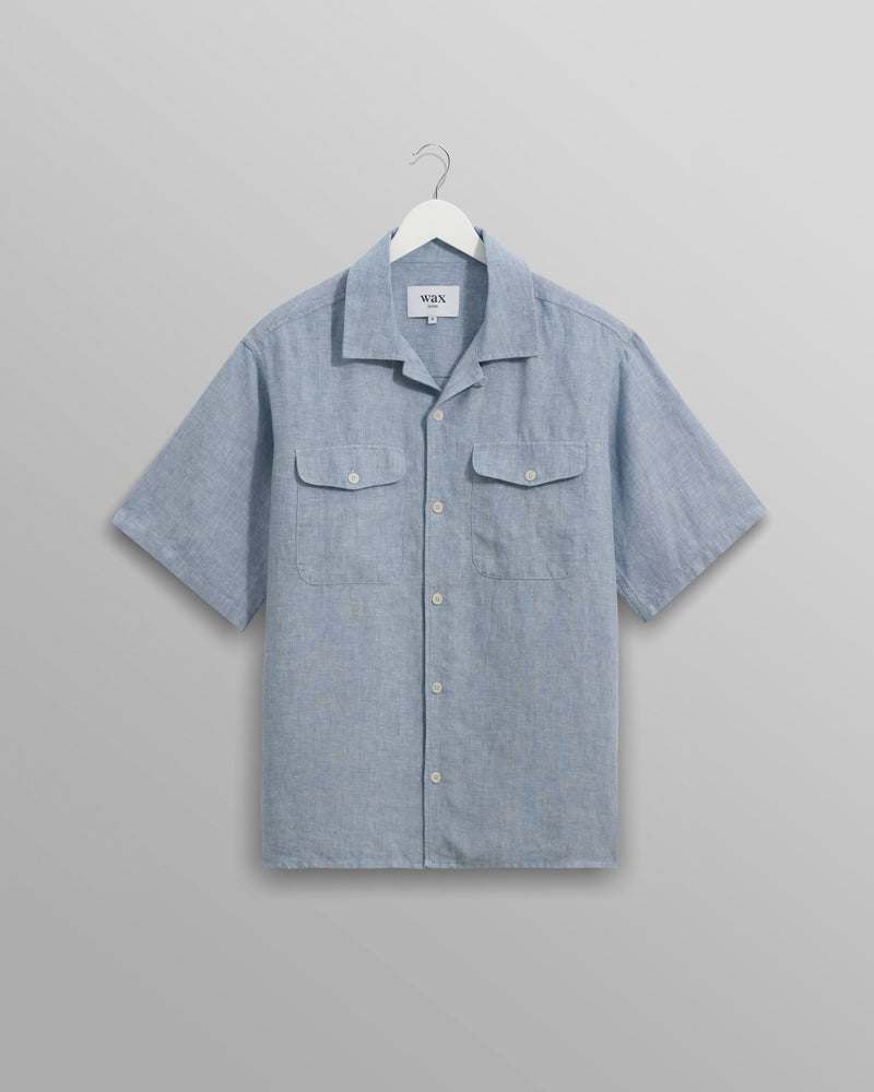 wax london Bartlett - Blue Two-Tone Linen Short-Sleeve Shirt
