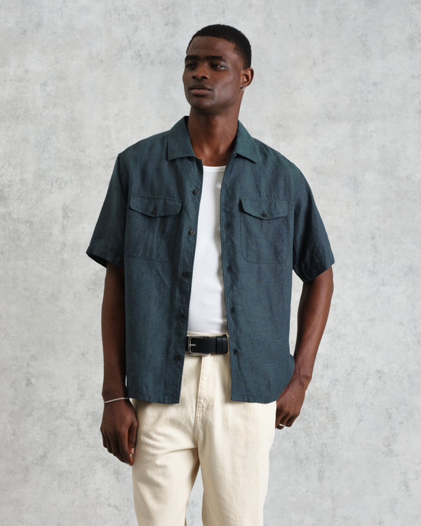 wax london men's Bartlett - Dark Green Two-Tone Linen Short-Sleeve Shirt