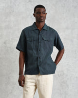wax london Bartlett - Dark Green Two-Tone Linen Short-Sleeve Shirt