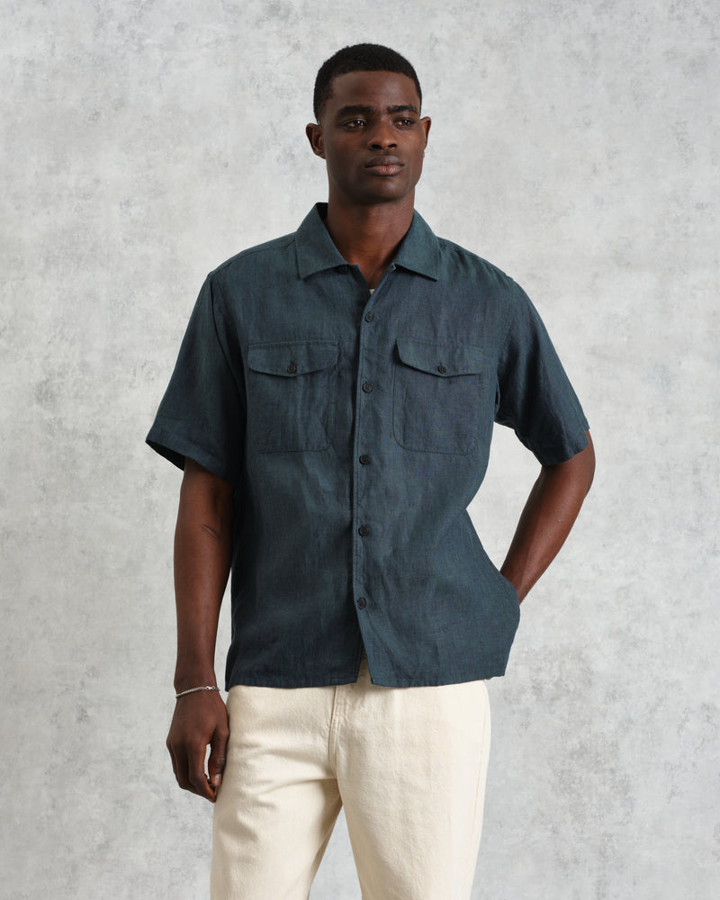 wax london Bartlett - Dark Green Two-Tone Linen Short-Sleeve Shirt