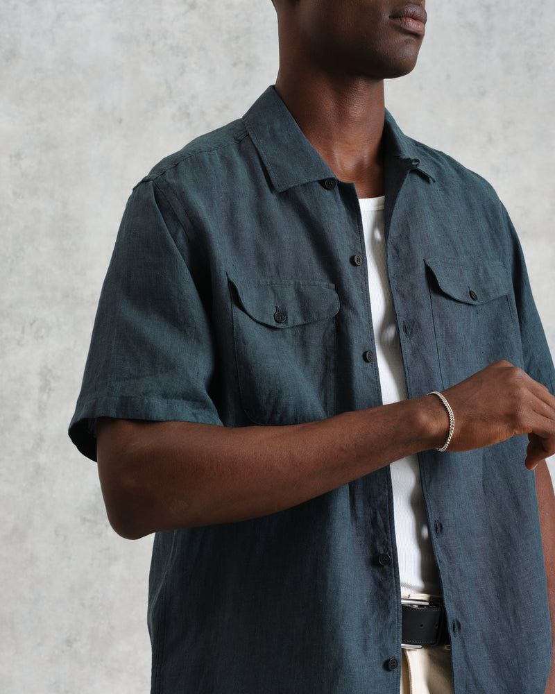 wax london Bartlett - Dark Green Two-Tone Linen Short-Sleeve Shirt