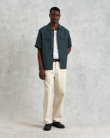 wax london Bartlett - Dark Green Two-Tone Linen Short-Sleeve Shirt