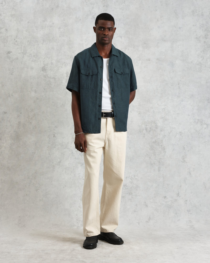 wax london Bartlett - Dark Green Two-Tone Linen Short-Sleeve Shirt