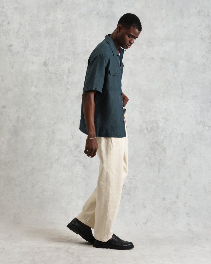 wax london Bartlett - Dark Green Two-Tone Linen Short-Sleeve Shirt