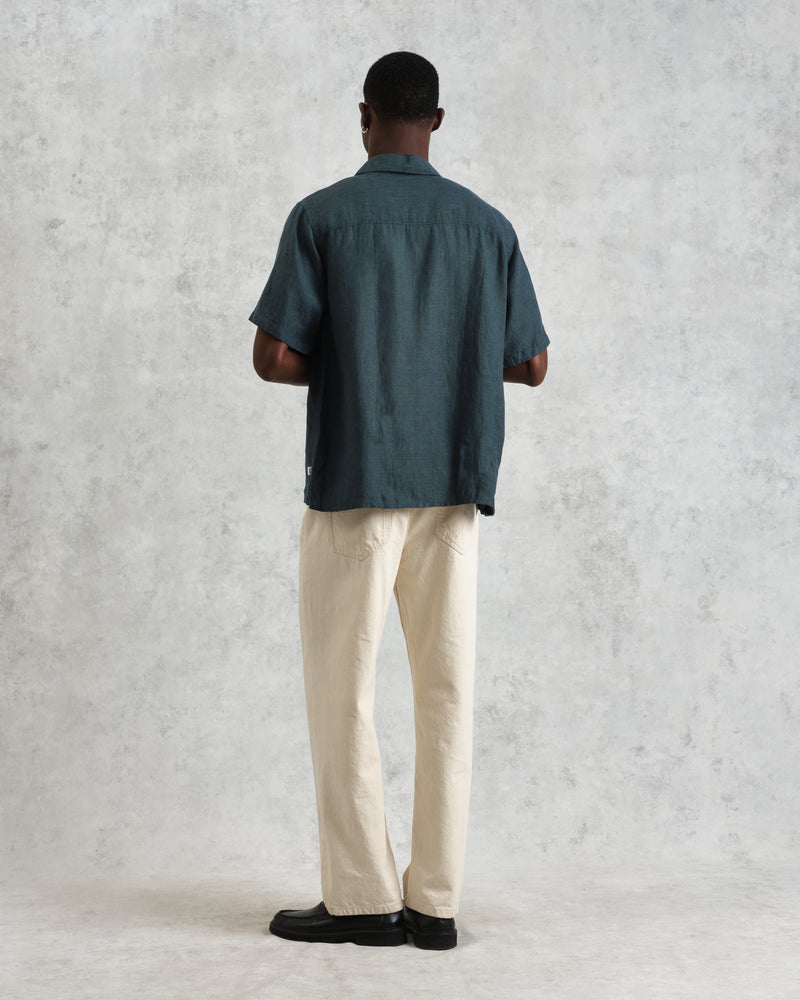 wax london Bartlett - Dark Green Two-Tone Linen Short-Sleeve Shirt