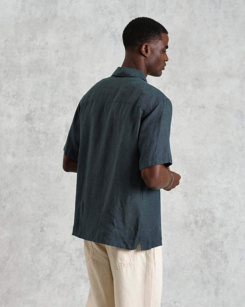 wax london Bartlett - Dark Green Two-Tone Linen Short-Sleeve Shirt