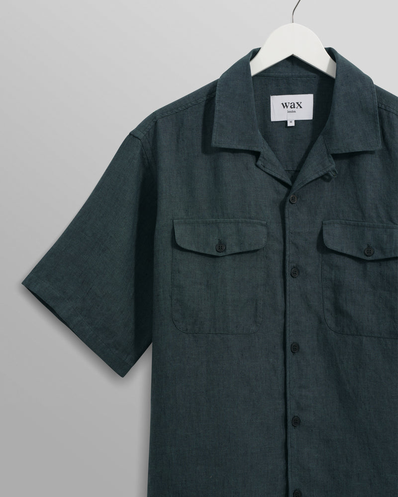 wax london Bartlett - Dark Green Two-Tone Linen Short-Sleeve Shirt