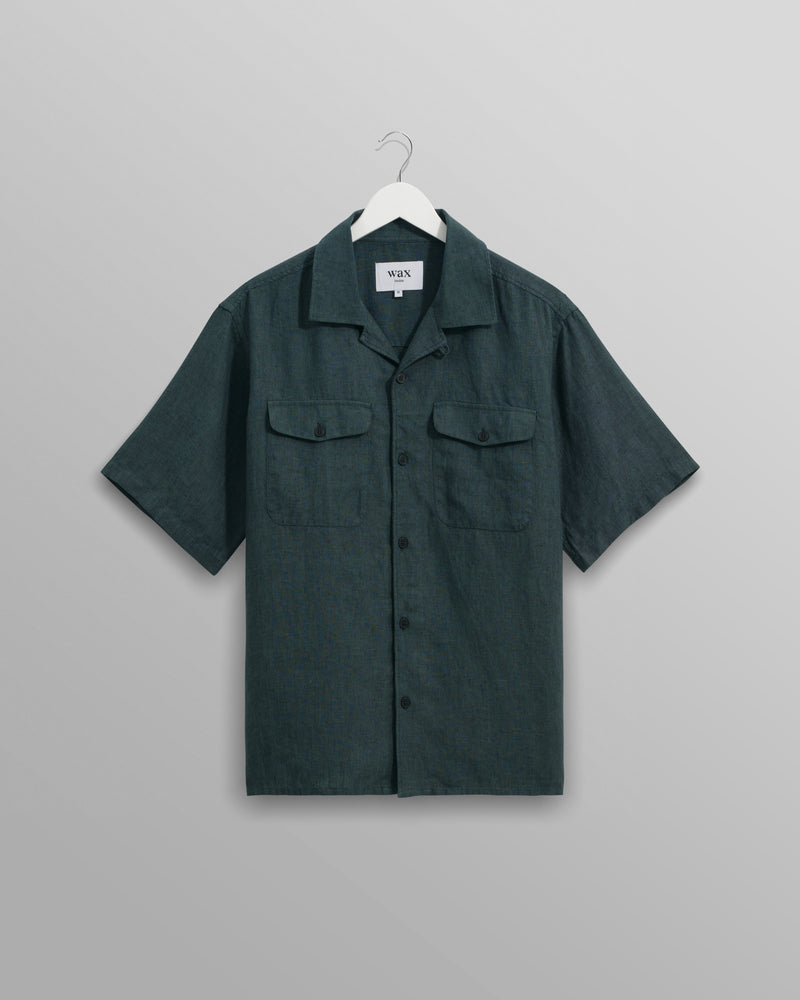 wax london Bartlett - Dark Green Two-Tone Linen Short-Sleeve Shirt