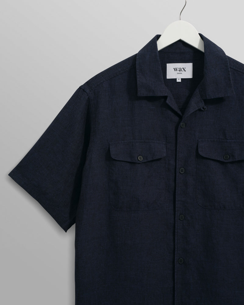 wax london Bartlett - Navy Two-Tone Linen Short-Sleeve Shirt