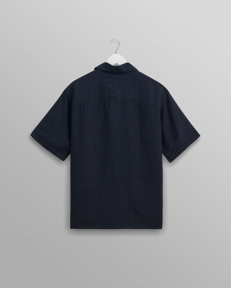 wax london Bartlett - Navy Two-Tone Linen Short-Sleeve Shirt