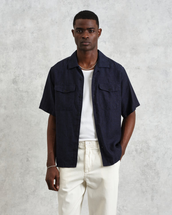 wax london Bartlett - Navy Two-Tone Linen Short-Sleeve Shirt