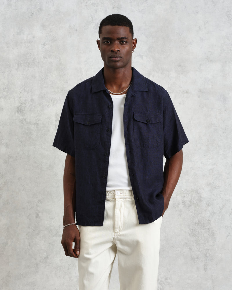 wax london Bartlett - Navy Two-Tone Linen Short-Sleeve Shirt