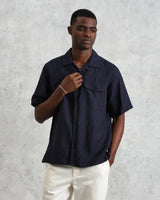 wax london Bartlett - Navy Two-Tone Linen Short-Sleeve Shirt