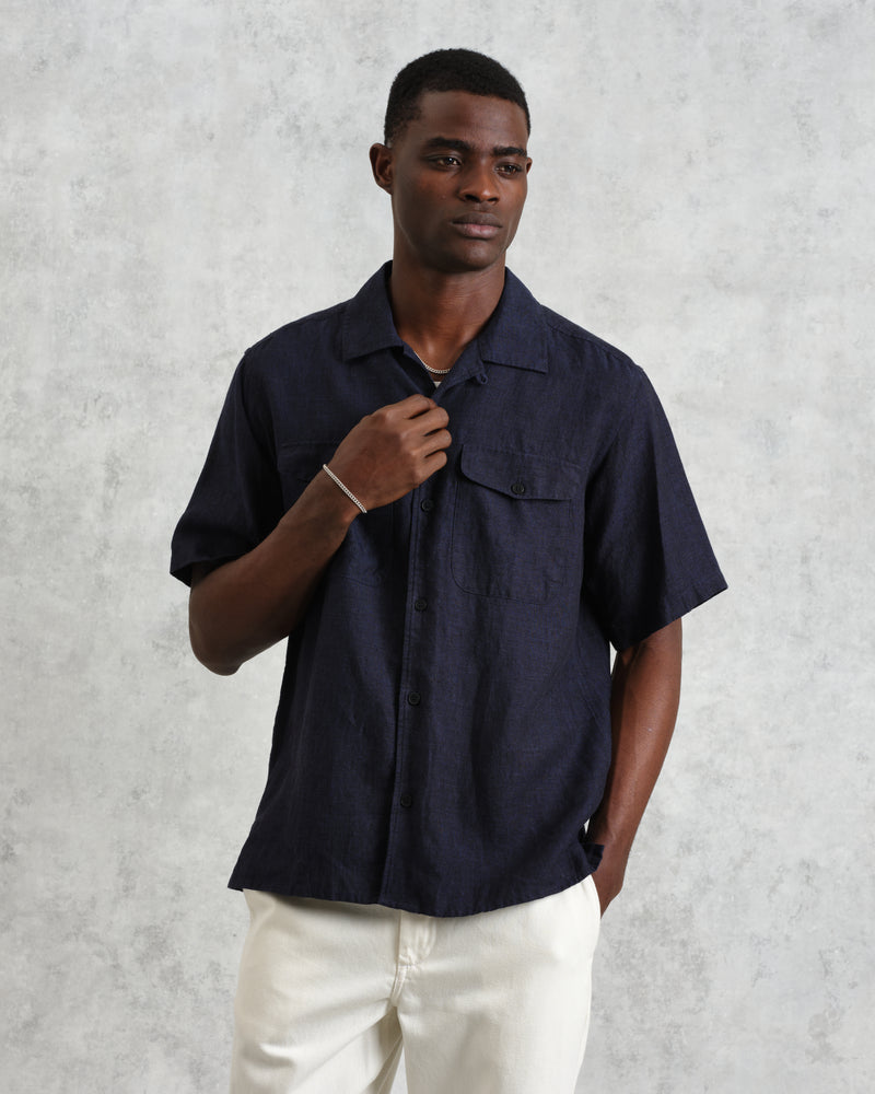 wax london Bartlett - Navy Two-Tone Linen Short-Sleeve Shirt