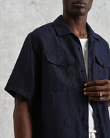 wax london Bartlett - Navy Two-Tone Linen Short-Sleeve Shirt