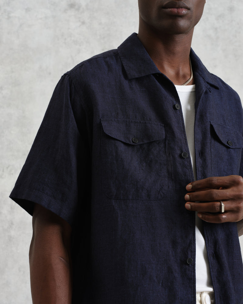 wax london Bartlett - Navy Two-Tone Linen Short-Sleeve Shirt