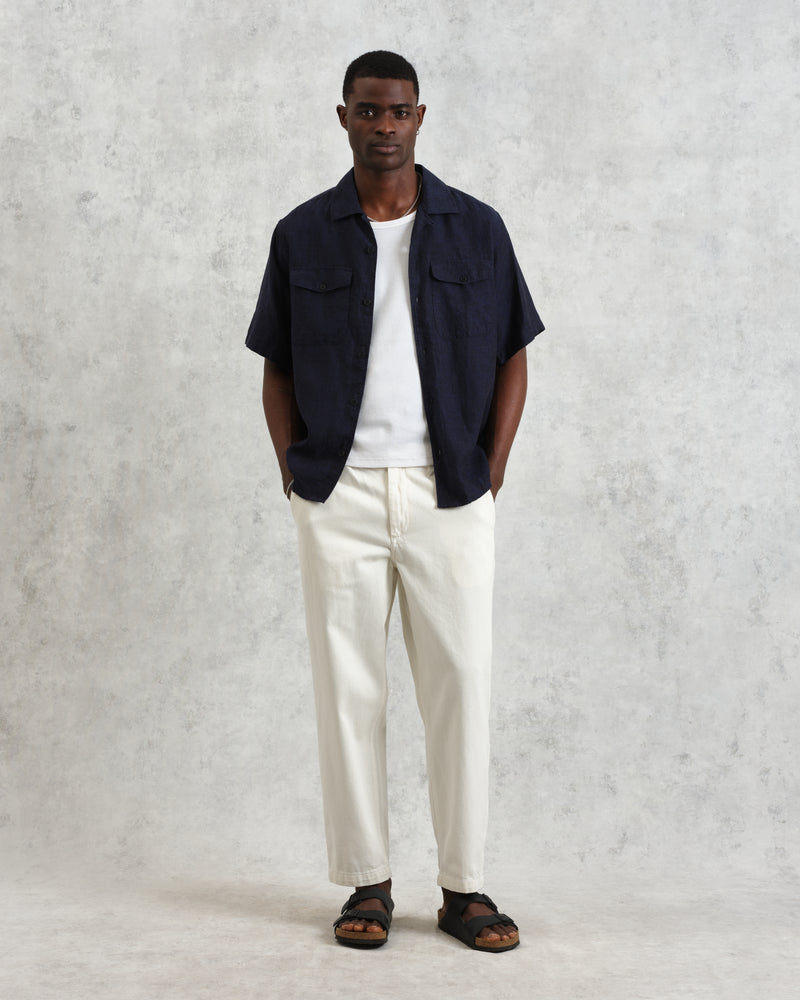 wax london Bartlett - Navy Two-Tone Linen Short-Sleeve Shirt