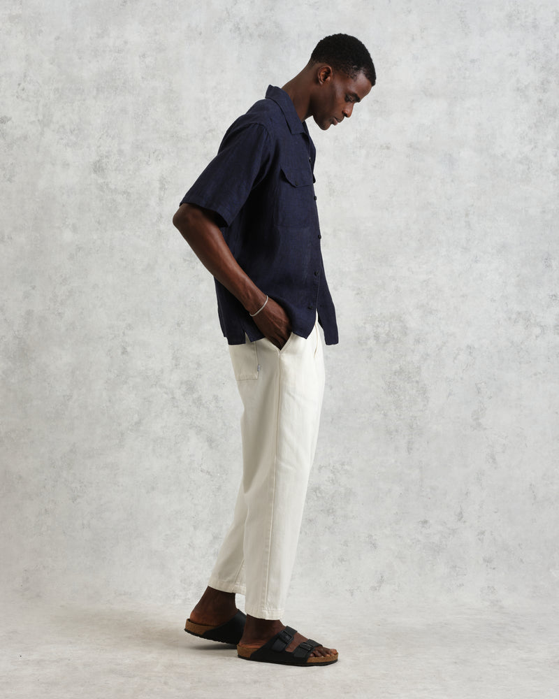 wax london Bartlett - Navy Two-Tone Linen Short-Sleeve Shirt