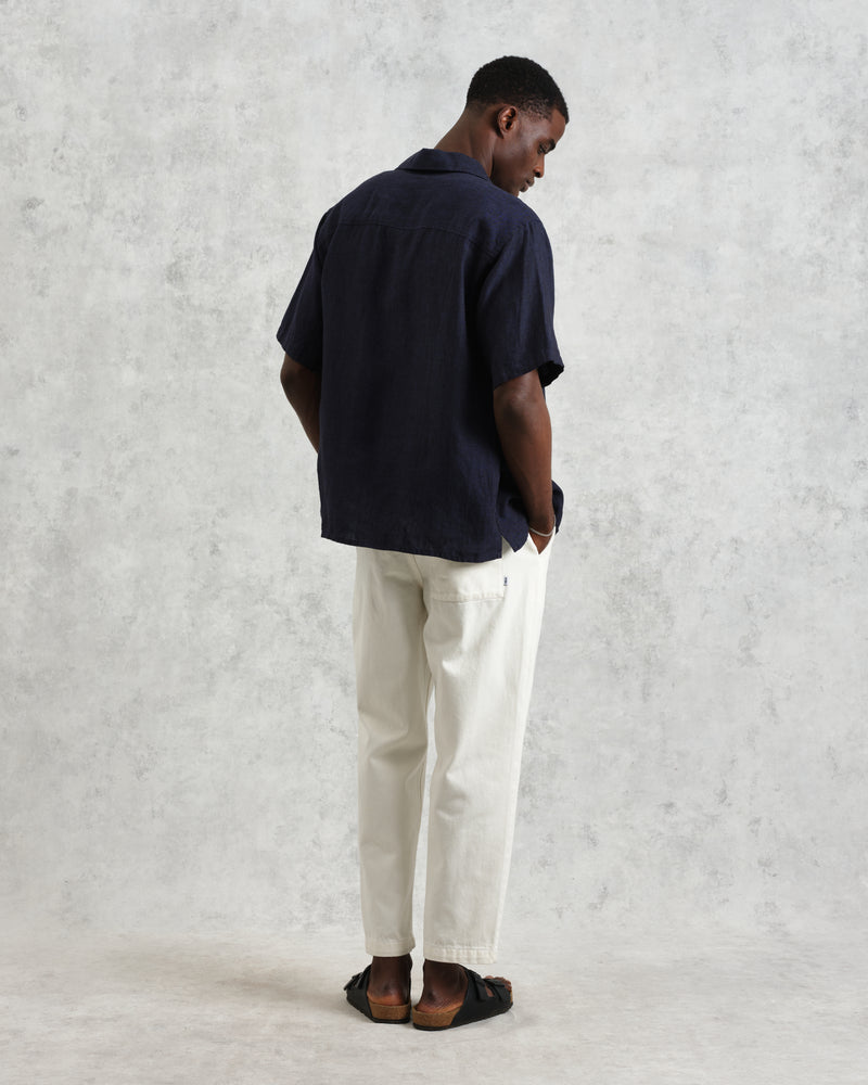 wax london Bartlett - Navy Two-Tone Linen Short-Sleeve Shirt
