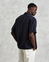 wax london Bartlett - Navy Two-Tone Linen Short-Sleeve Shirt