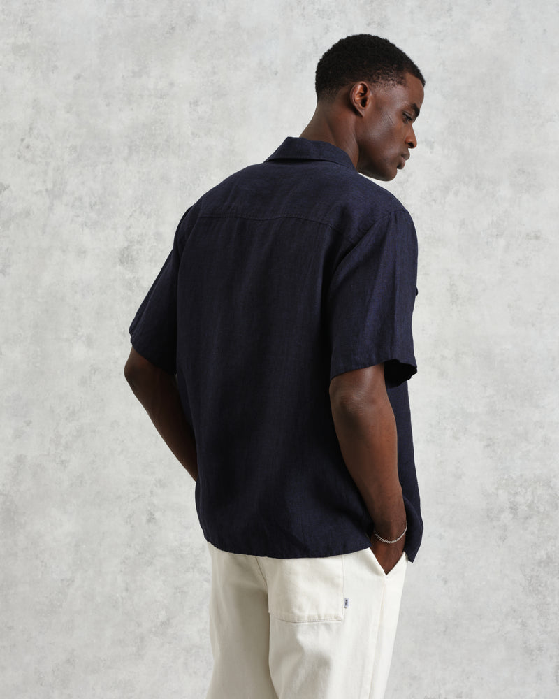 wax london Bartlett - Navy Two-Tone Linen Short-Sleeve Shirt